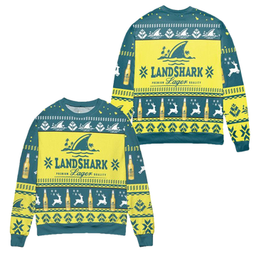 Landshark Lager Beer Logo Reindeer Pattern Ugly Christmas Sweater ? Yellow Blue ? Usalast