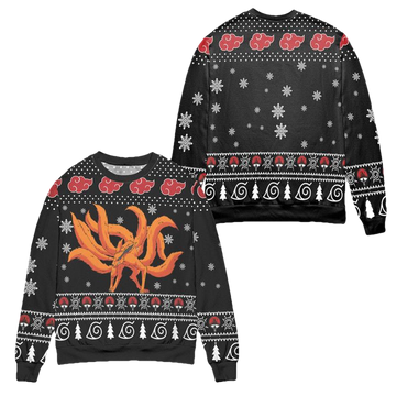 Kurama Naruto Akatsuki Logo Snowflake Ugly Christmas Sweater ? Black ? Usalast