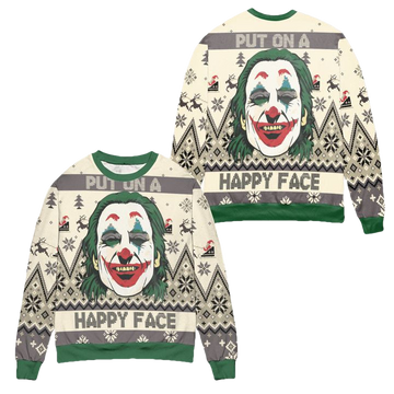 Joker Put On A Happy Face Reindeer Pine Tree Pattern Ugly Christmas Sweater ? Usalast