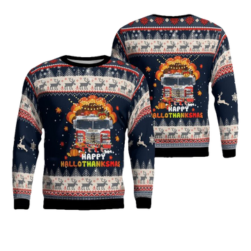 Jersey City Fire Truck Happy Hallothanksmas Christmas Ugly Sweater ? Usalast