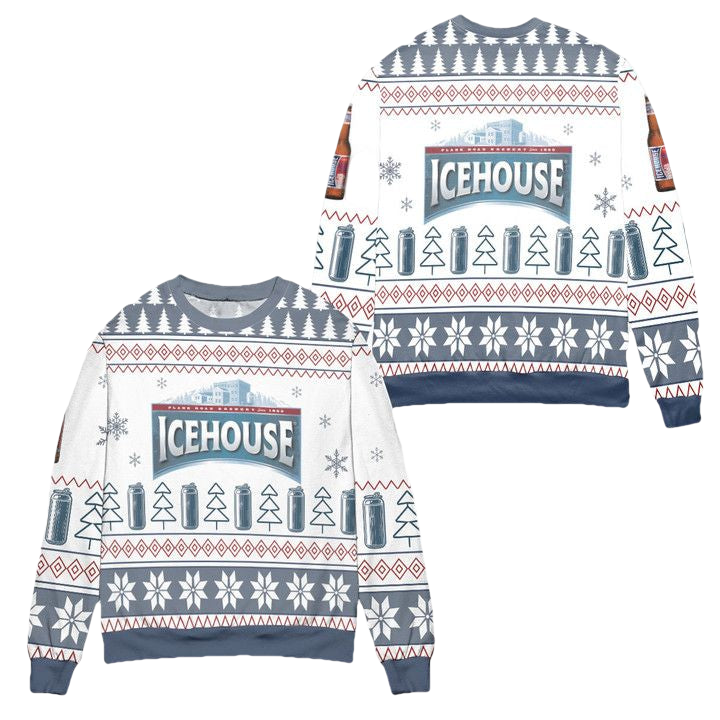 Ice House Logo Christmas Pattern Ugly Christmas Sweater ? White Blue ? Usalast