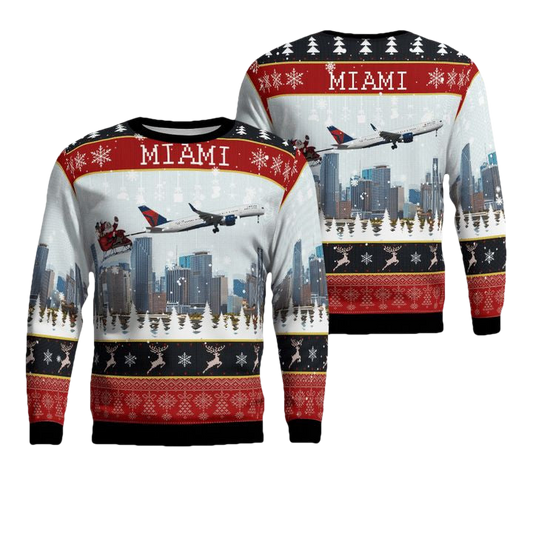 Delta Air Lines Boeing 757-232 With Santa Over Miami Christmas AOP Sweater ? NS31 ? Usalast