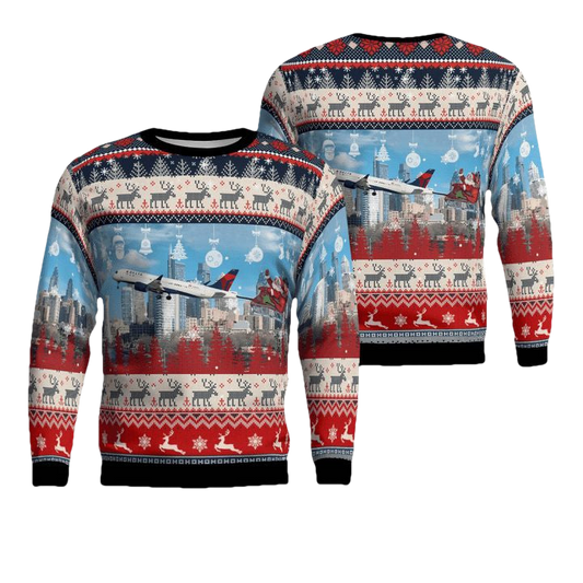 Delta Air Lines Airbus A220-300 With Santa over Philadelphia Christmas AOP Sweater ? Usalast
