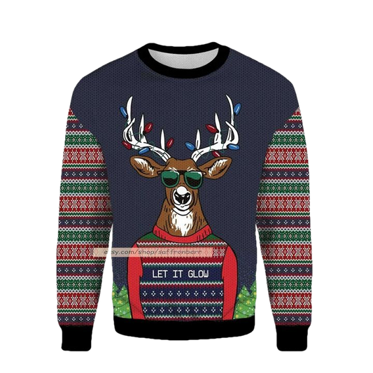 Deer Let It Glow Xmas Merry All Over Print 3d Ugly Christmas Sweater ? Usalast