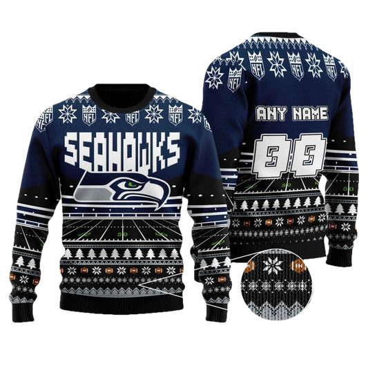 Custom Name Number Nfl Seattle Seahawks Rugby Stadium Ugly Christmas Sweater ? Usalast