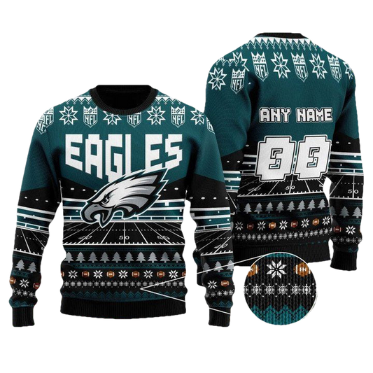 Custom Name Number Nfl Philadelphia Eagles Rugby Stadium Ugly Christmas Sweater ? Usalast