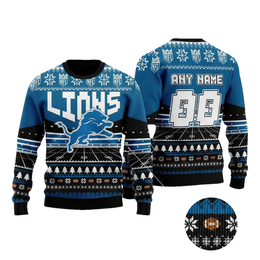 Custom Name Number Nfl Detroit Lions Rugby Stadium Ugly Christmas Sweater ? Usalast