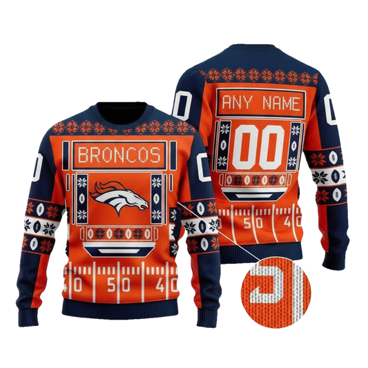 Custom Name Number Nfl Denver Broncos Playing Field Ugly Christmas Sweater ? Usalast