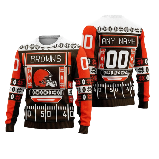 Custom Name Number Nfl Cleveland Browns Playing Field Ugly Christmas Sweater ? Usalast