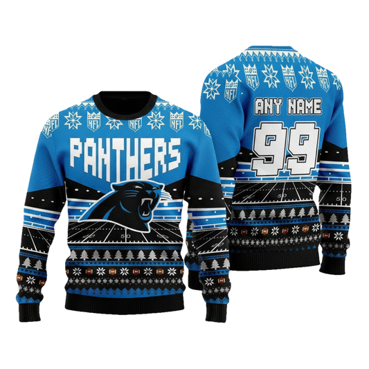 Custom Name Number Nfl Carolina Panthers Rugby Stadium Ugly Christmas Sweater ? Usalast