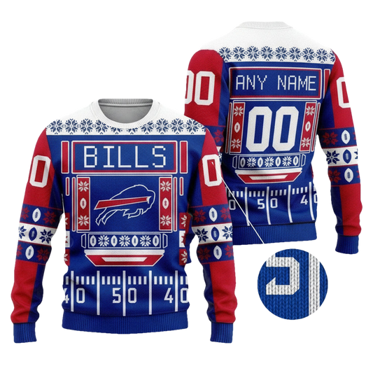 Custom Name Number Nfl Buffalo Bills Playing Field Ugly Christmas Sweater ? Usalast