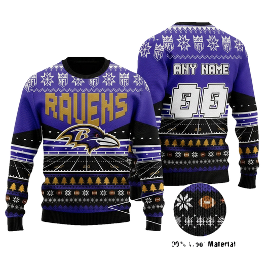 Custom Name Number Nfl Baltimore Ravens Rugby Stadium Ugly Christmas Sweater ? Usalast