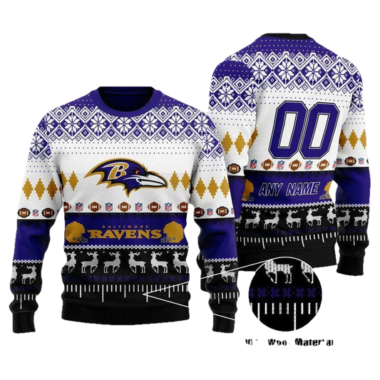 Custom Name Number Nfl Baltimore Ravens Playing Field Ugly Christmas Sweater ? Usalast