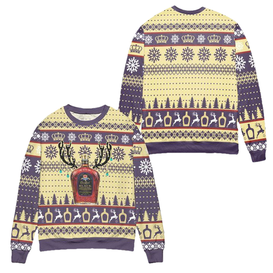 Crown Royal Black Reindeer Snowflake Pattern Ugly Christmas Sweater ? Usalast