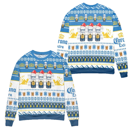 Corona Extra Beer Logo Christmas Pattern Ugly Christmas Sweater ? White Blue ? Usalast