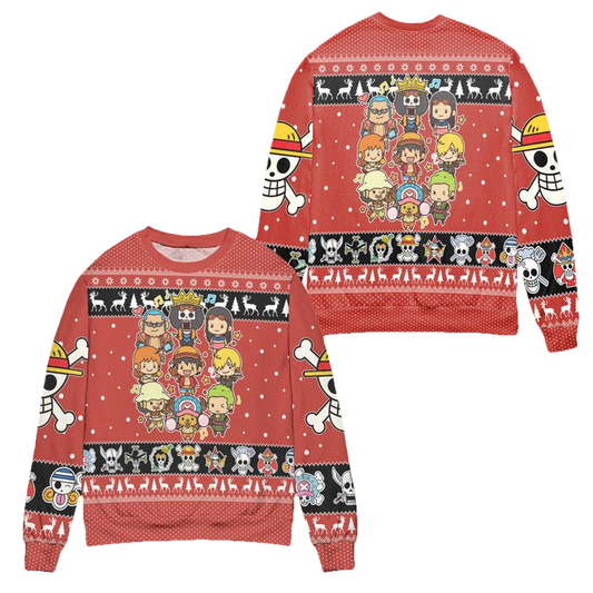Chibi Version One Piece Snowflake Ugly Christmas Sweater ? Red ? Usalast