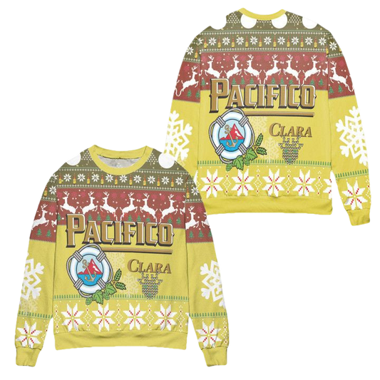 Cerveza Pacifico Clara Snowflake Reindeer Pattern Ugly Christmas Sweater ? Yellow ? Usalast