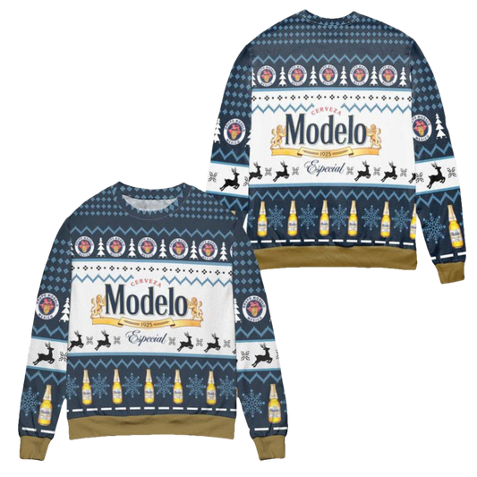 Cerveza Modelo Since 1925 Reindeer Pattern Ugly Christmas Sweater ? White Blue ? Usalast