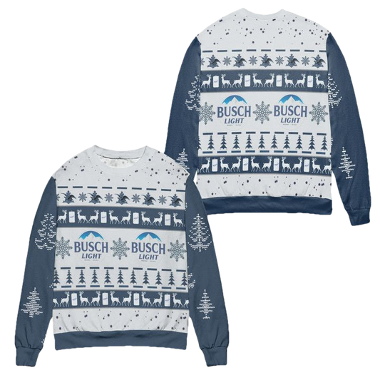 Busch Light Reindeer Pine Tree Pattern Ugly Christmas Sweater ? Blue ? Usalast