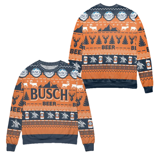 Busch Light Beer Reindeer Pattern Ugly Christmas Sweater ? Blue Orange ? Usalast
