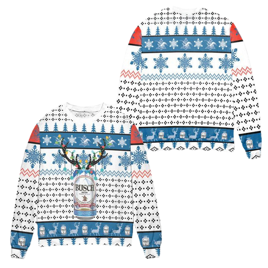 Busch Beer Reindeer Snowflake Pattern Ugly Christmas Sweater ? White ? Usalast