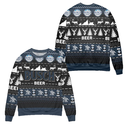 Busch Beer Reindeer Pattern Ugly Christmas Sweater ? Black Navy ? Usalast