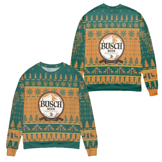 Busch Beer Product Of USA Pine Tree Snowflake Pattern Ugly Christmas Sweater ? Usalast
