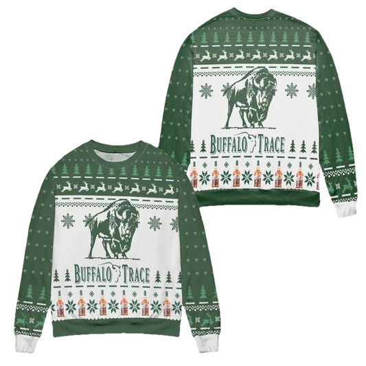 Buffalo Trace Kentucky Straight Bourbon Whiskey Reindeer Pine Tree Pattern Ugly Christmas Sweater ? White Green ? Usalast