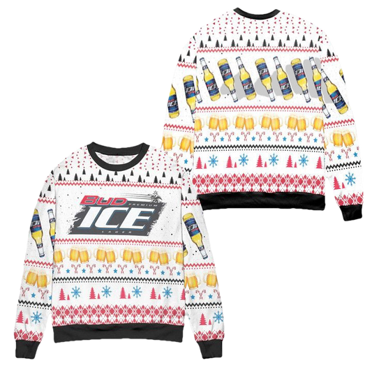 Bud Ice Snowflake And Pine Tree Pattern Ugly Christmas Sweater ? White ? Usalast