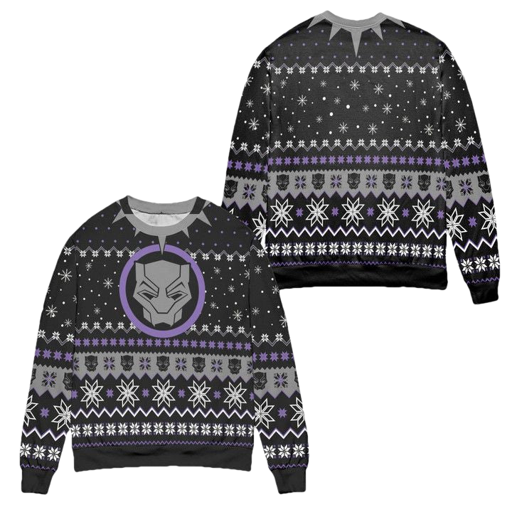 Black Panther Mask Wakanda Snowflake Pattern Ugly Christmas Sweater ? Black ? Usalast