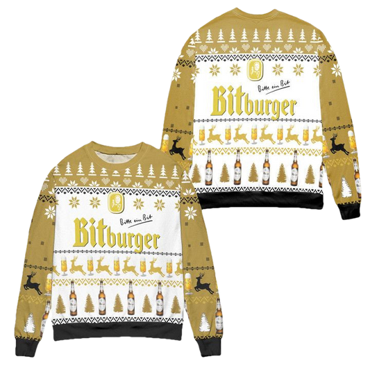 Bitburger Beer Logo Reindeer Pattern Ugly Christmas Sweater ? Yellow ? Usalast