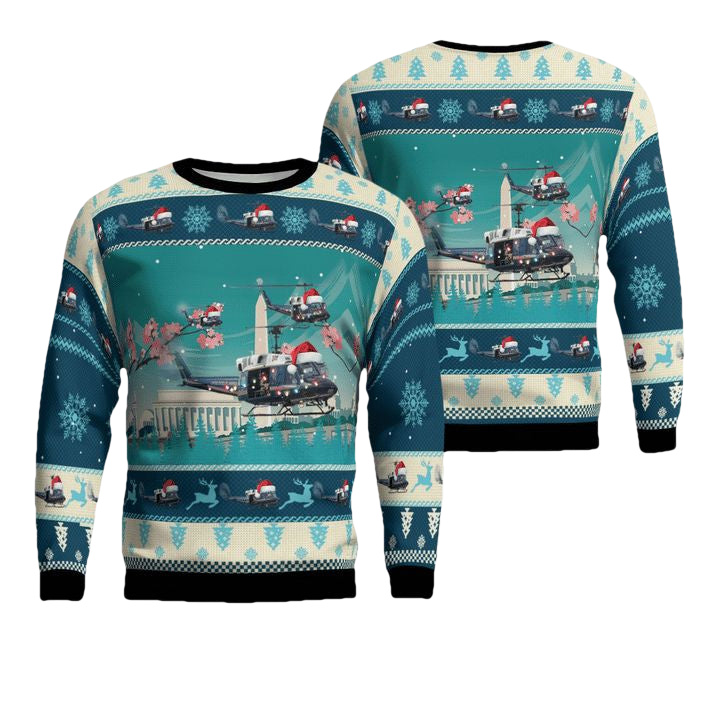 Bell UH-1N Twin Huey of the 1st Helicopter Squadron flying over Washington DC Christmas AOP Sweater ? DR01 ? Usalast