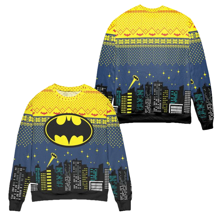 Batman Logo City Nights Ugly Christmas Sweater ? Blue Yellow ? Usalast
