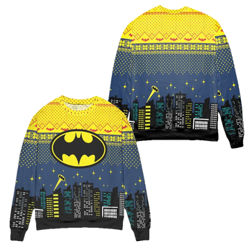 Batman Logo City Nights Ugly Christmas Sweater ? Blue Yellow ? Usalast
