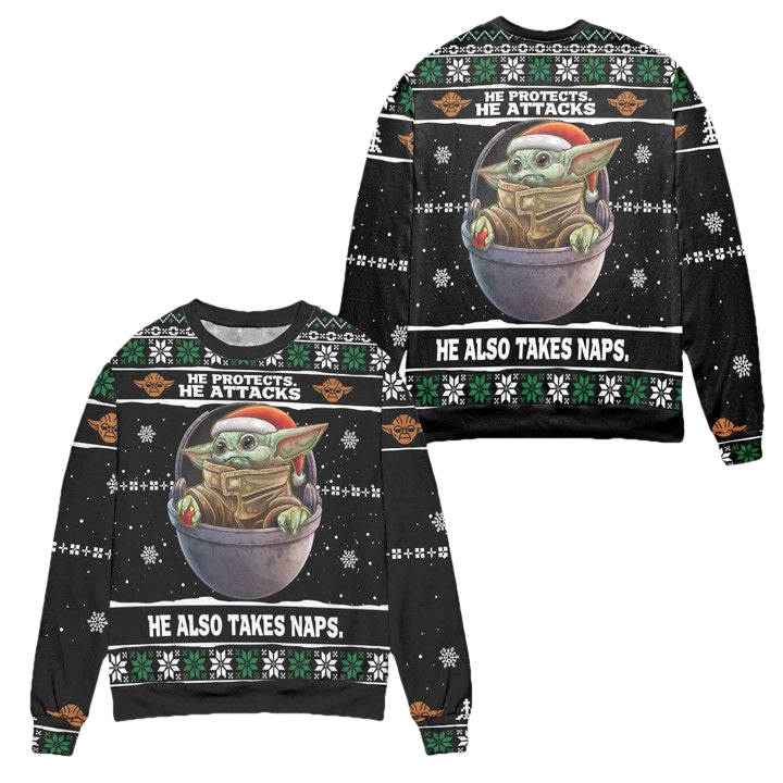 Baby Yoda He Protects He Attacks He Also Takes Naps Snowflake Pattern Ugly Christmas Sweater ? Black ? Usalast