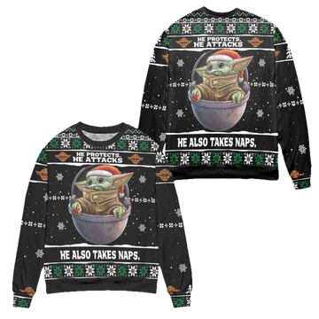 Baby Yoda He Protects He Attacks He Also Takes Naps Snowflake Pattern Ugly Christmas Sweater ? Black ? Usalast