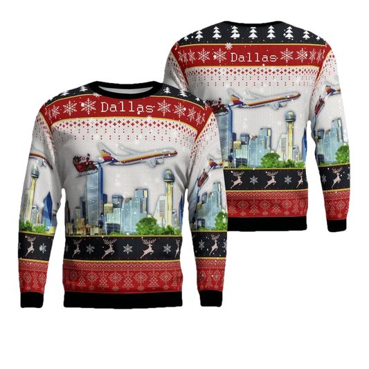 American Airlines Air Cal Heritage With Santa Over Dallas Christmas AOP Sweater ? Usalast