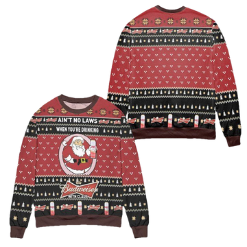 Aint No Laws When Youre Drinking Budweiser With Claus Ugly Christmas Sweater ? Black Red ? Usalast