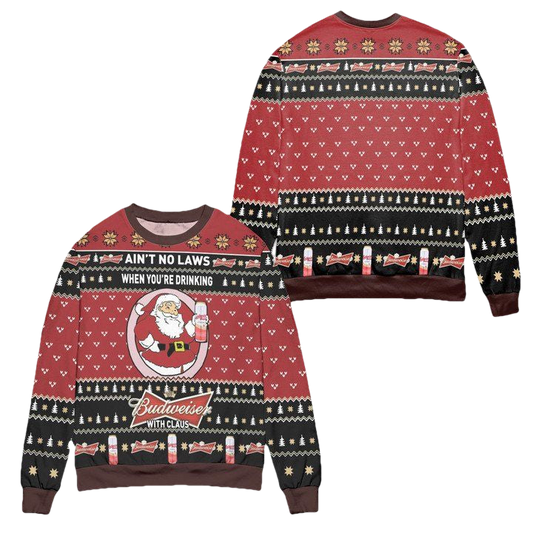 Aint No Laws When Youre Drinking Budweiser With Claus Ugly Christmas Sweater ? Black Red ? Usalast