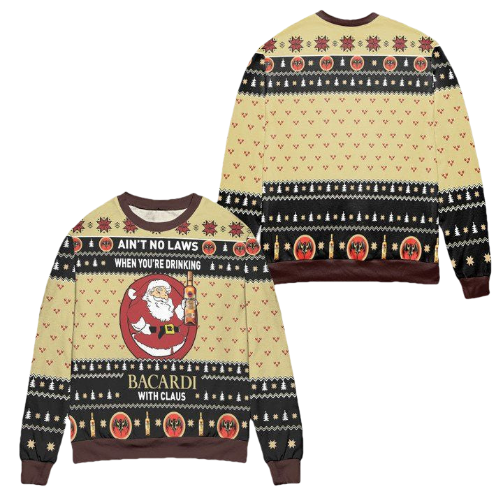 Aint No Laws When Youre Drinking Bacardi With Claus Ugly Christmas Sweater ? Black Yellow ? Usalast
