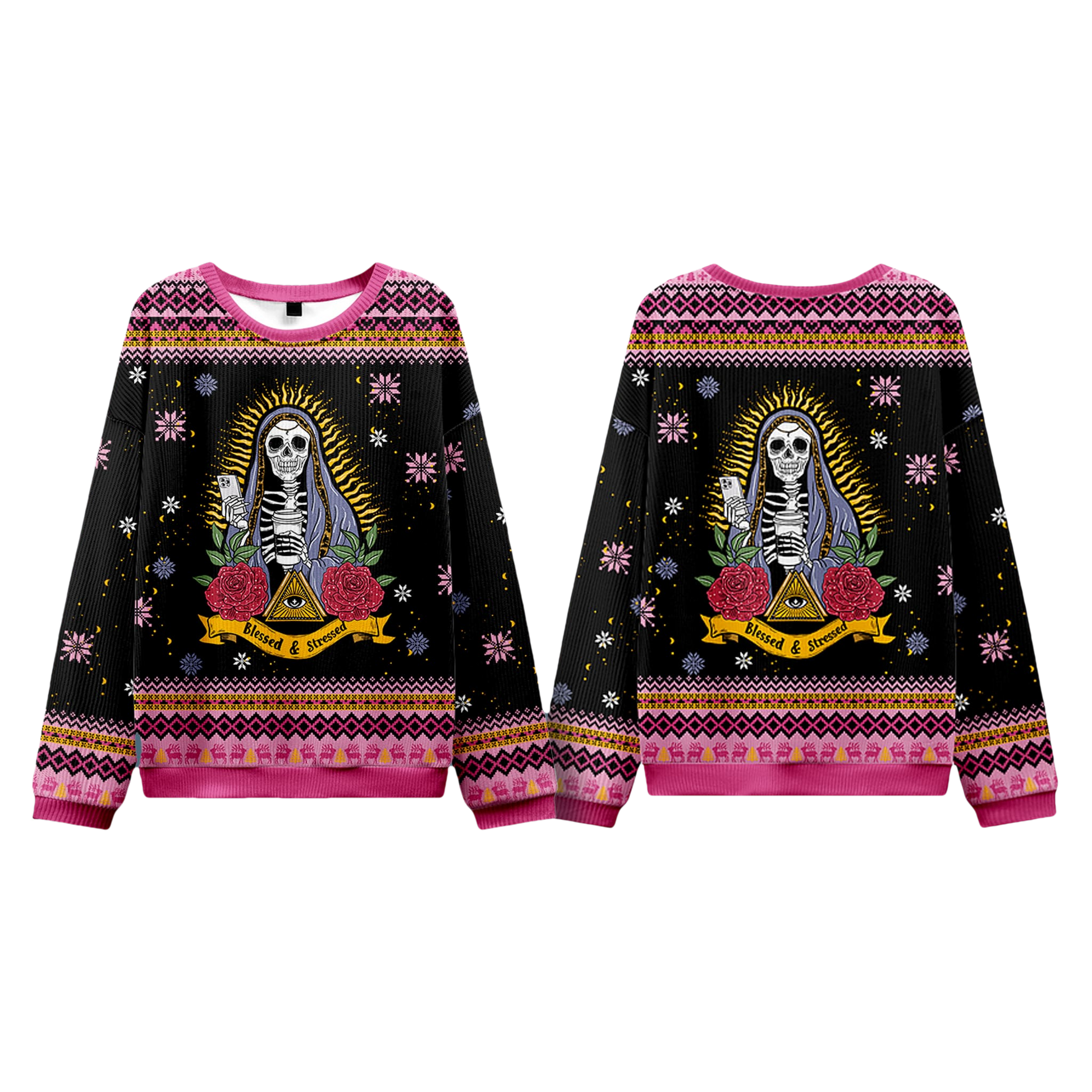 Skeleton Blessed And Stressed Ugly Christmas Sweater - Moonbestprint