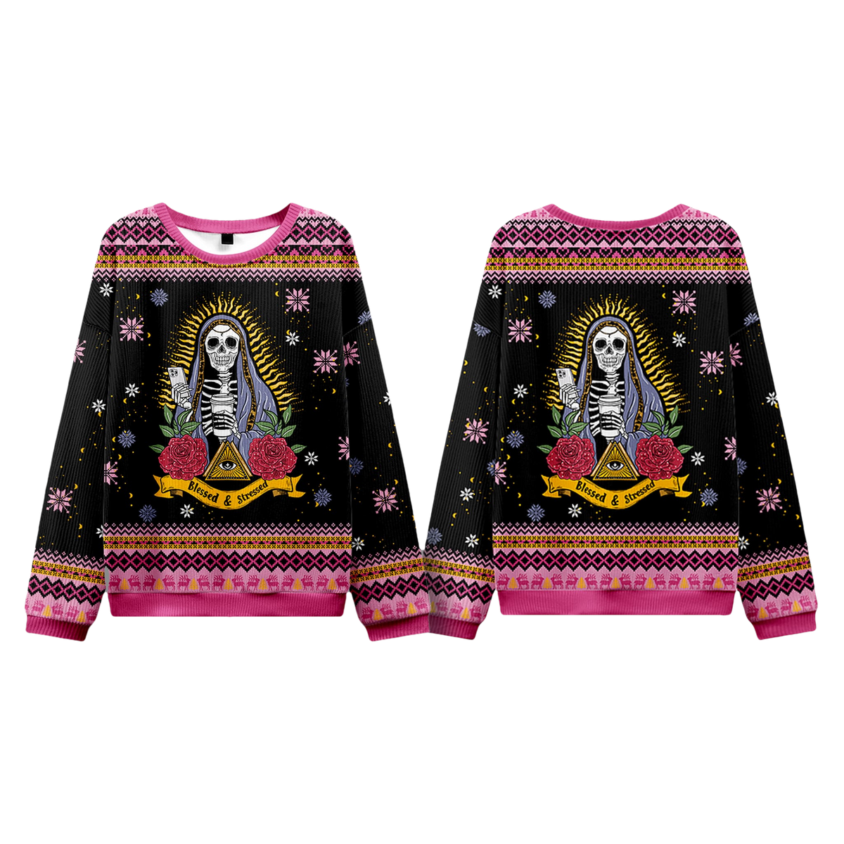 Skeleton Blessed And Stressed Ugly Christmas Sweater - Moonbestprint