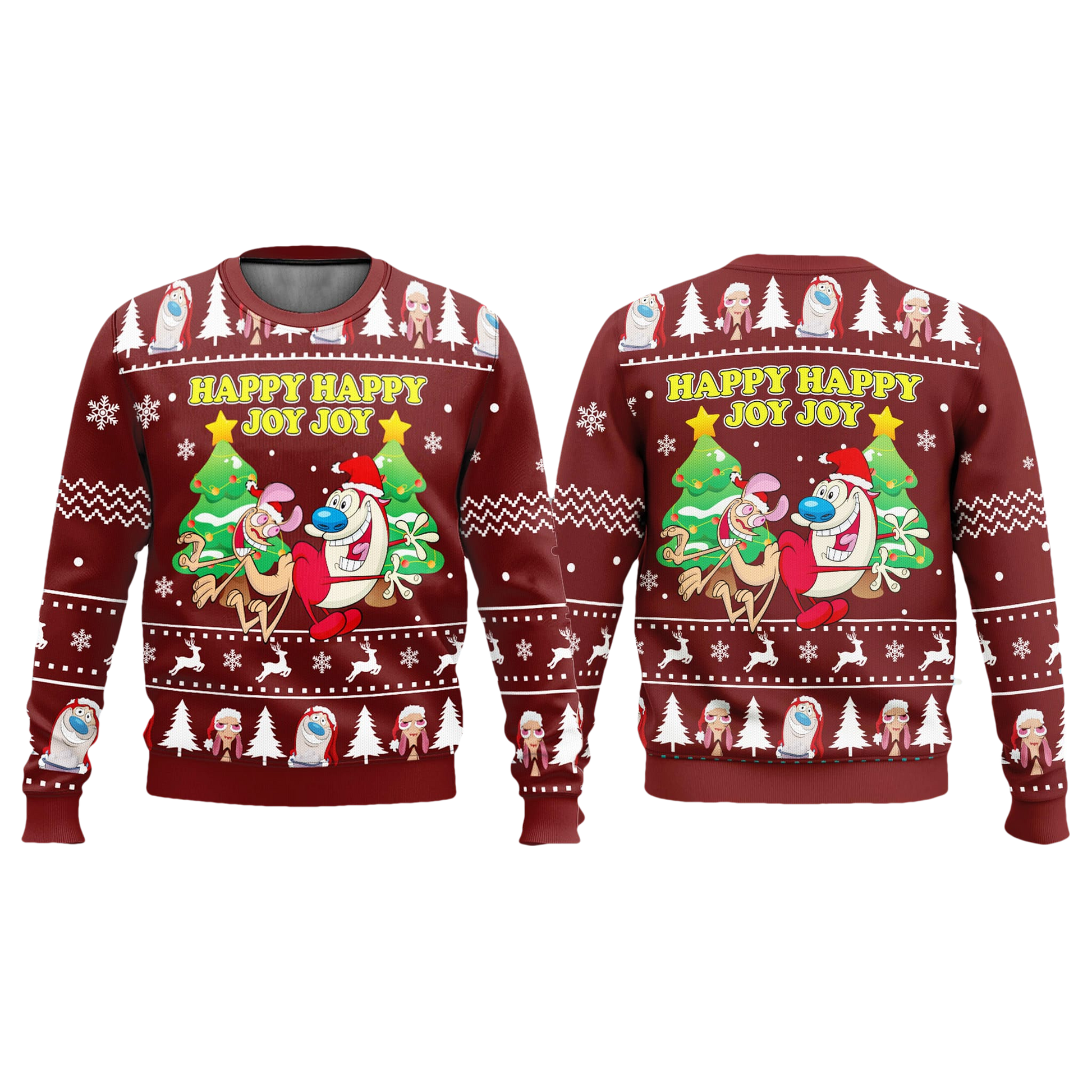 Ren And Stimpy Happy Happy Joy Joy Ugly Christmas Sweater - Moonbestprint