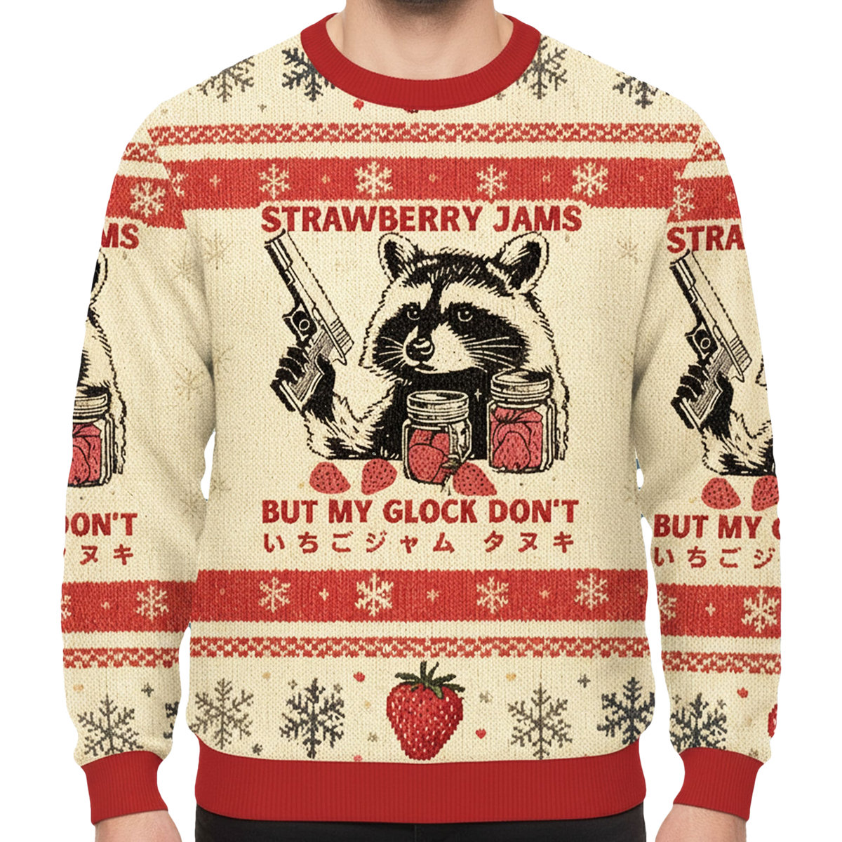 Raccoon Strawberry Jams But My Glock Don't Ugly Christmas Sweater - Moonbestprint