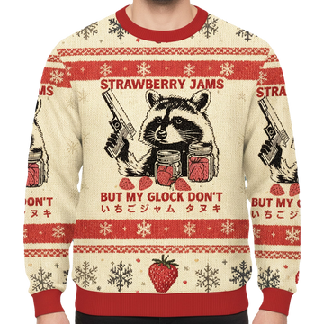 Raccoon Strawberry Jams But My Glock Don't Ugly Christmas Sweater - Moonbestprint