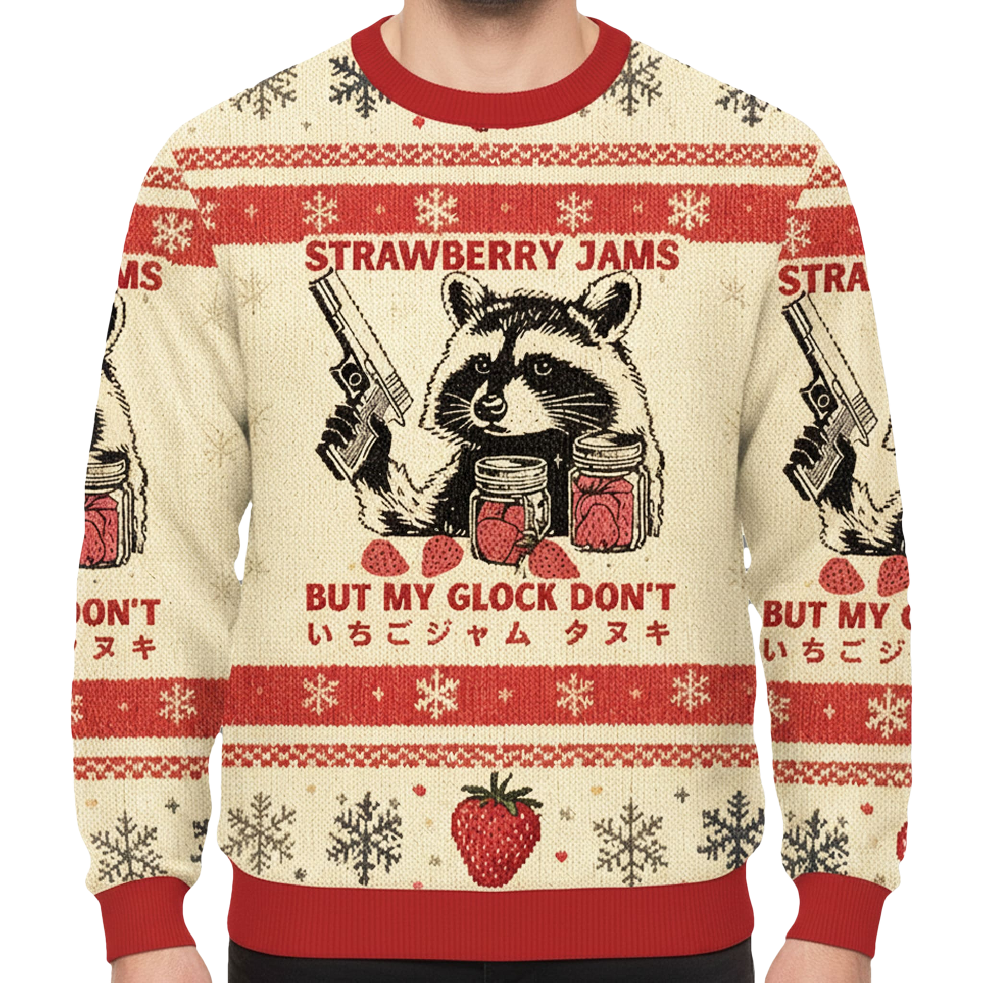 Raccoon Strawberry Jams But My Glock Don't Ugly Christmas Sweater - Moonbestprint