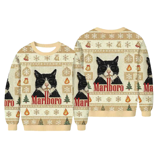 Funny Cat Smoking Cigarette Meme Ugly Christmas Sweater - Moonbestprint