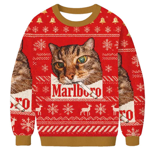 Red Funny Smoking Cat Meme Marlboro Christmas Ugly Sweater - Moonbestprint