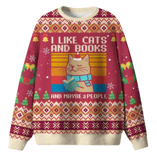 I Like Cats And Books And Maybe 3 People Ugly Christmas Sweater - Moonbestprint