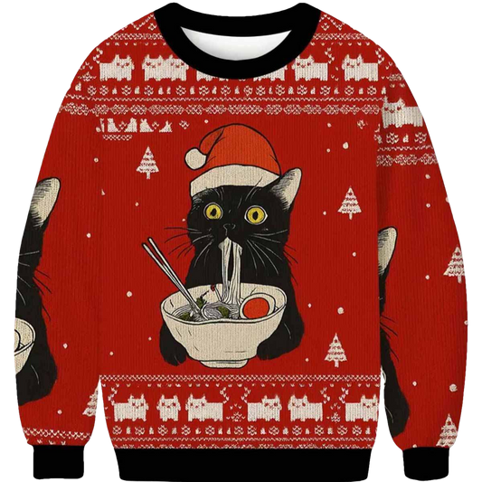 Funny Taking a Cat to Eat Ramen Ugly Christmas Sweater - Moonbestprint